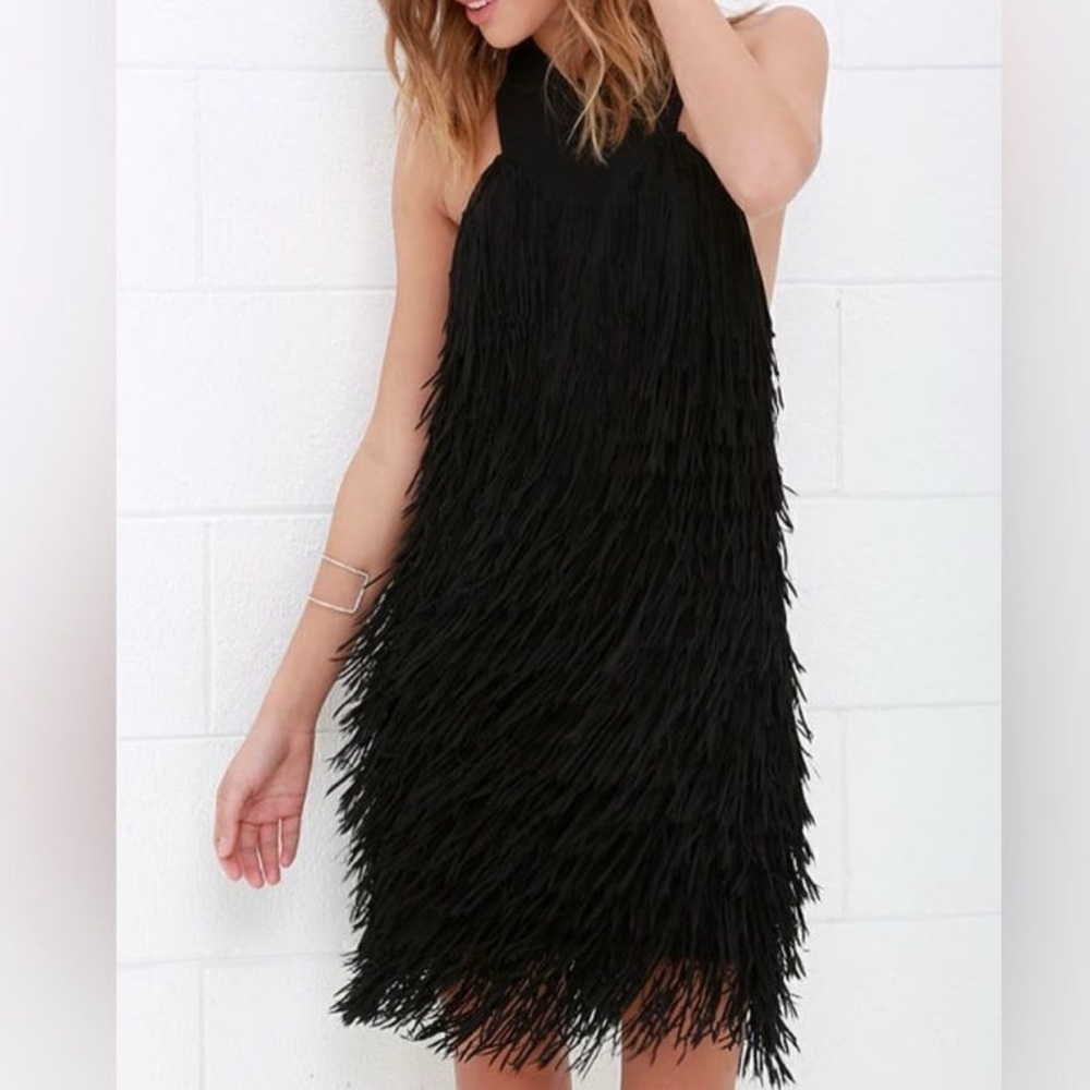 Dress the Population, Dylan Black Halter Fringe Dress, Flapper, Deco, 20's M
